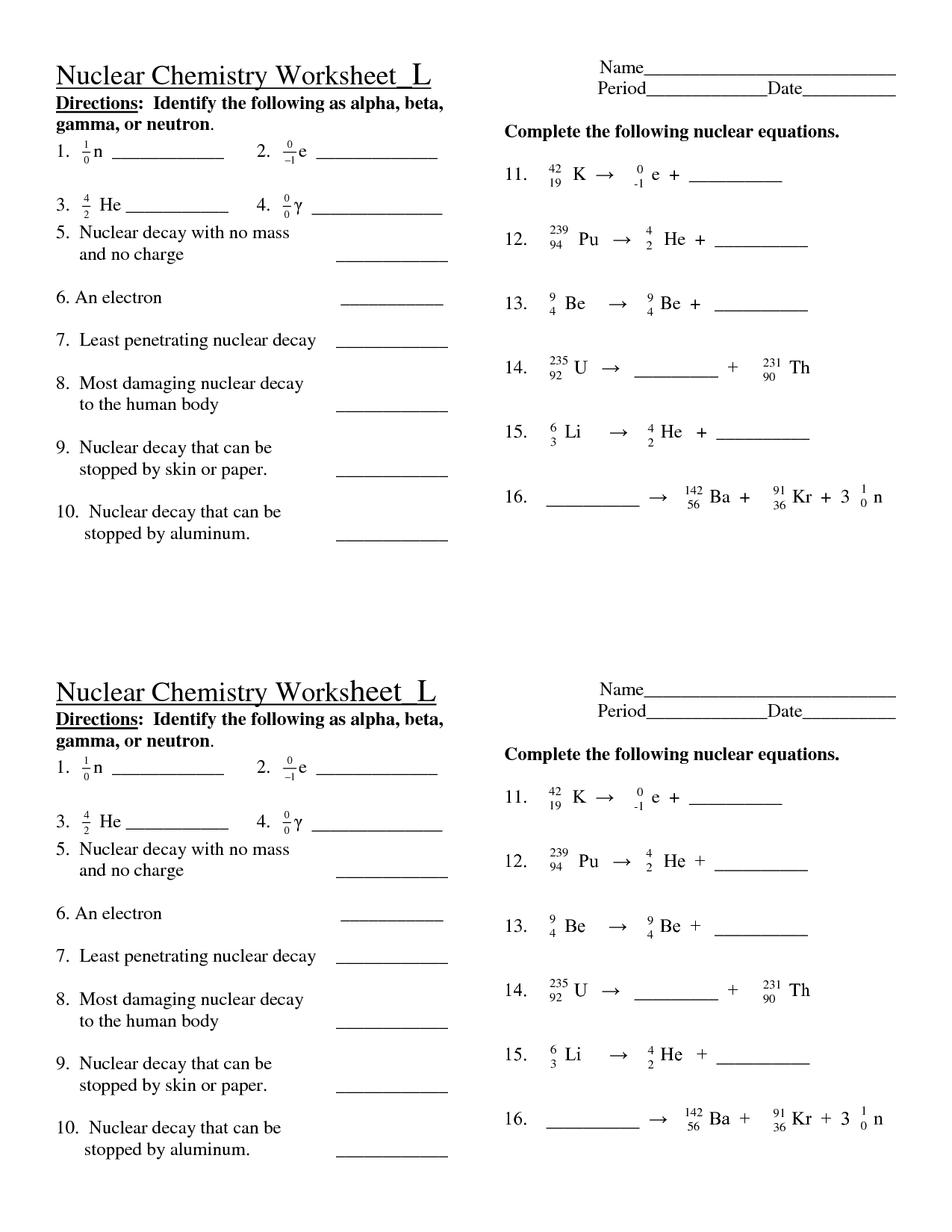 Nuclear Decay Worksheet Answers Chemistry Thekidsworksheet