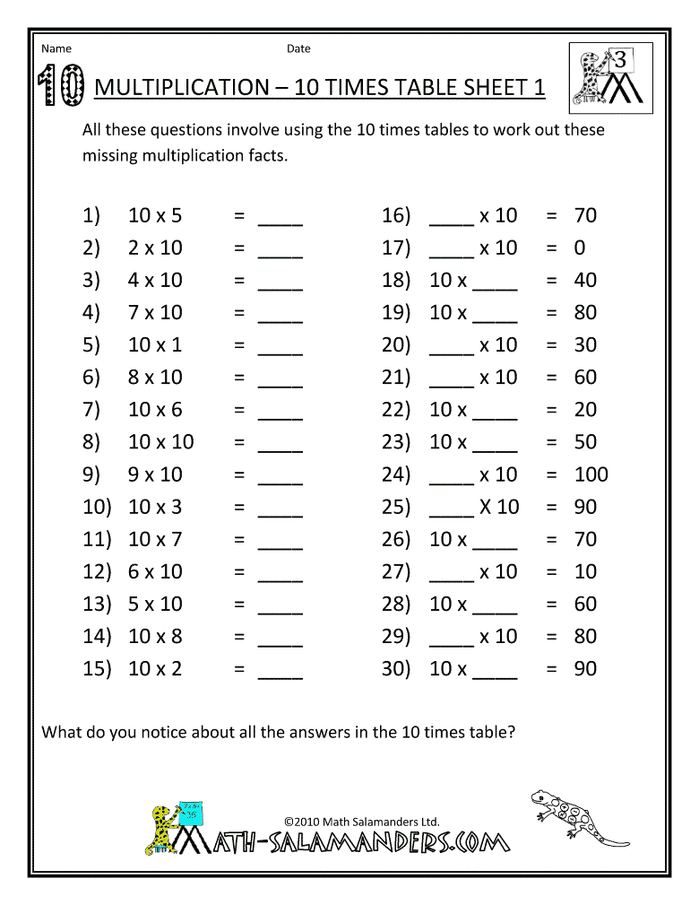 10 Times Table Worksheet Year 2