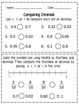 Fifth Grade Comparing Decimals Worksheet Grade 5