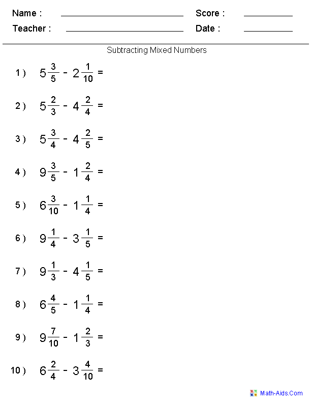 Adding And Subtracting Mixed Numbers And Improper Fractions Worksheet