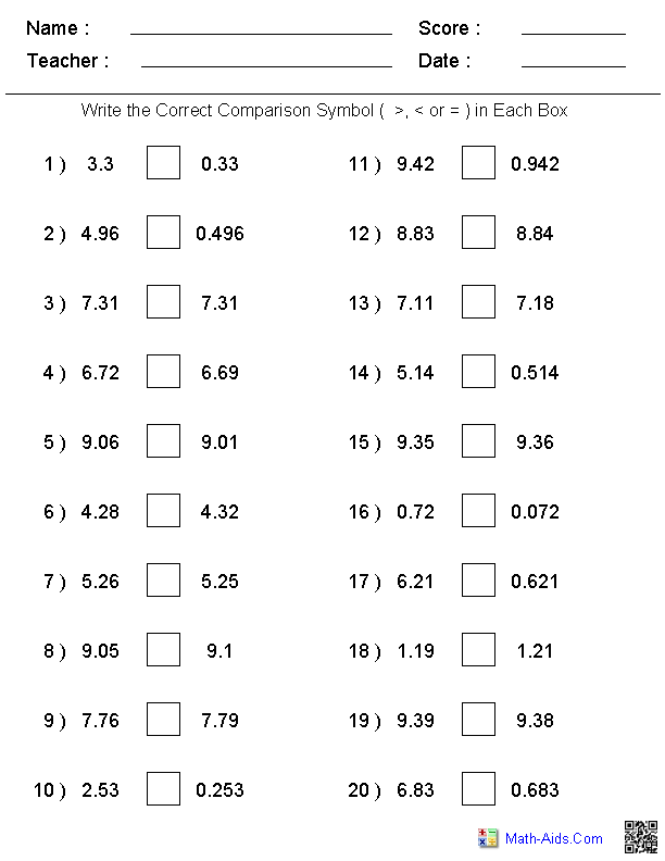 Comparing Fractions And Decimals Worksheet Pdf