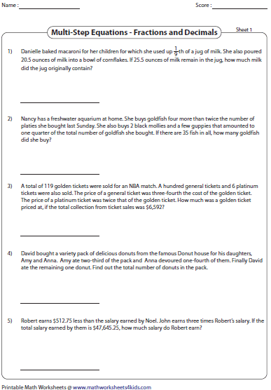 Two Step Equations Word Problems Integers Worksheet
