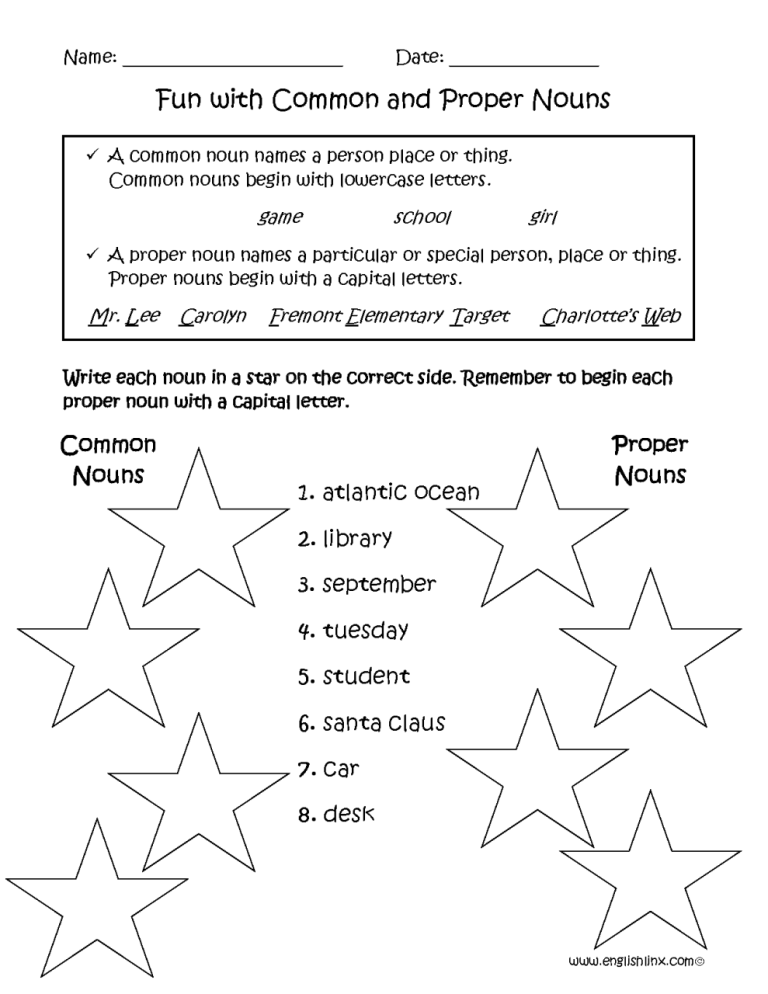 Common Noun And Proper Noun Worksheets For Grade 4