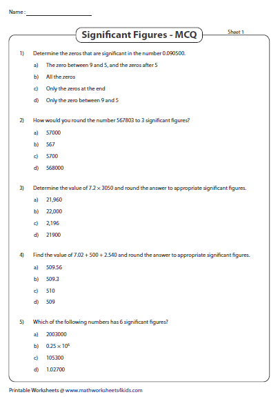 Answer Key Significant Figures Practice Worksheet Answers Chemistry