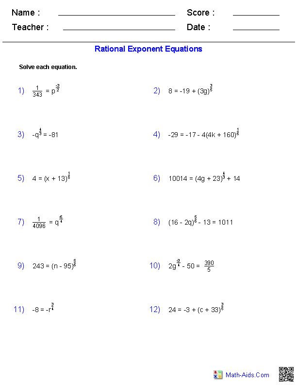 Answer Key Rational Exponents Worksheet Answers