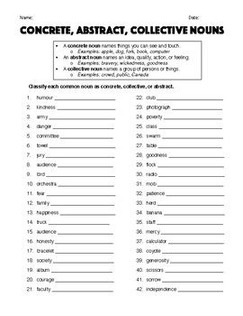 6th Grade Concrete And Abstract Nouns Worksheet