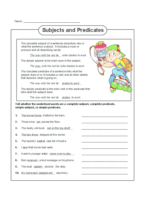 5th Grade Simple Subject And Predicate Worksheets With Answers