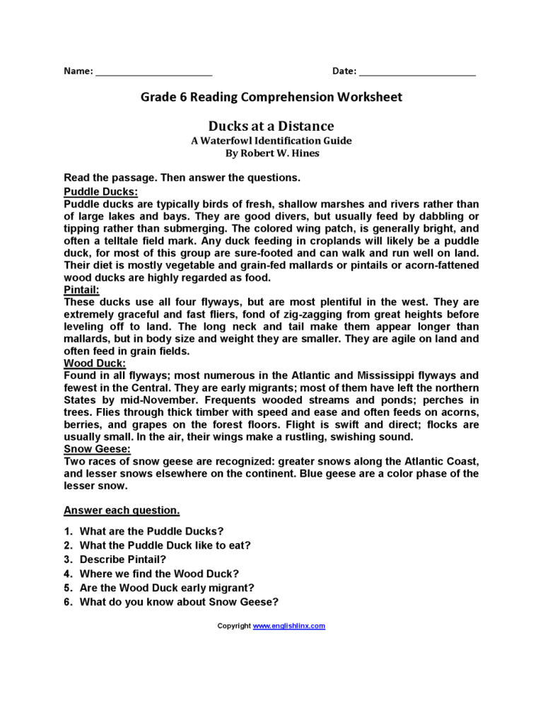 6th Grade Year 6 Reading Comprehension Worksheets Pdf