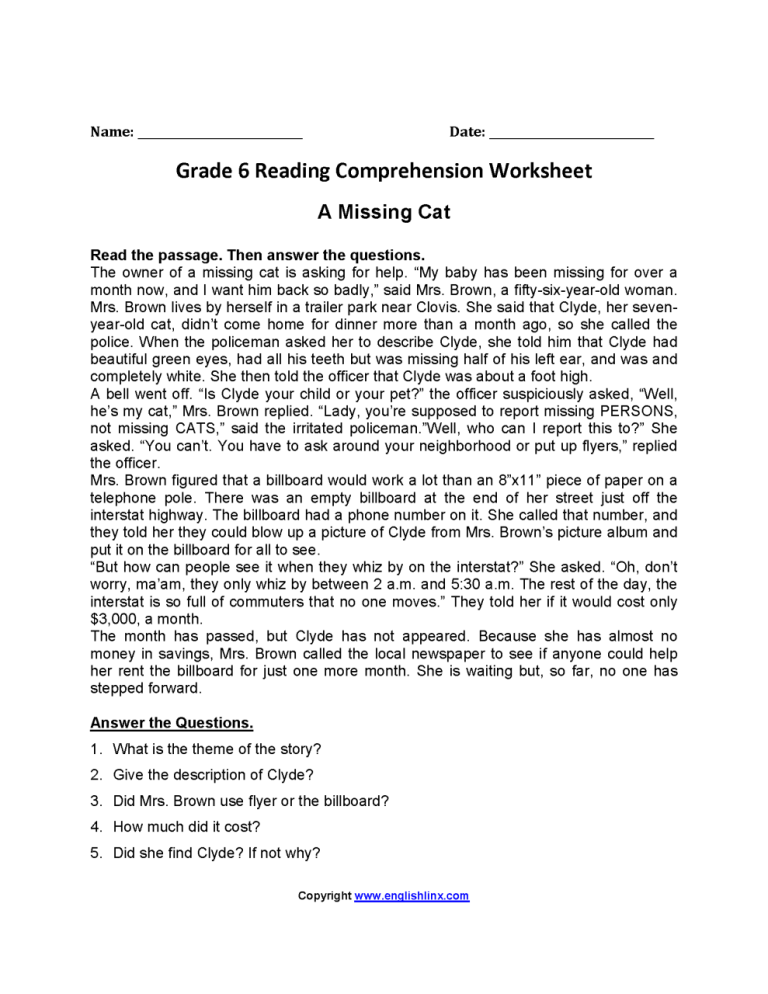 6th Grade Prose Comprehension For Class 6
