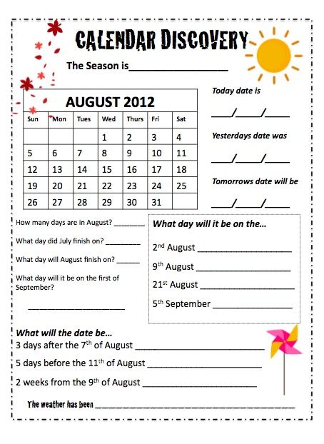 Free Calendar Activities Worksheets