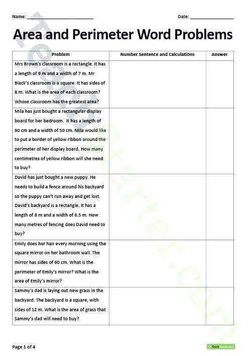 Area And Perimeter Word Problems Worksheets Pdf With Answers