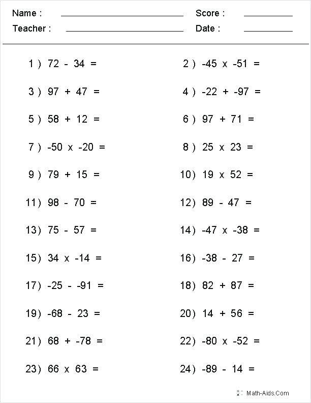 Adding And Subtracting Positive And Negative Numbers Worksheet With Answers