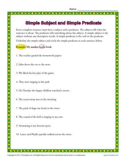Simple Subject And Simple Predicate Worksheets With Answers Pdf