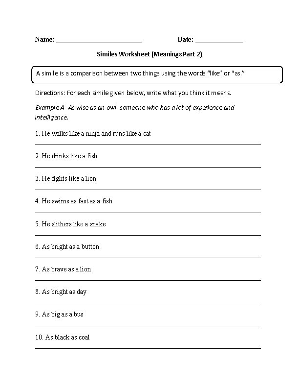 6th Grade Metaphor Worksheets For Grade 6