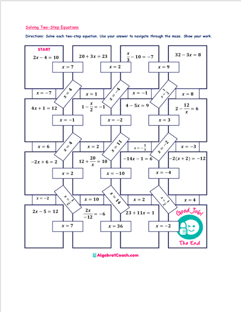 Answer Key Two Step Equation Maze Answer Sheet