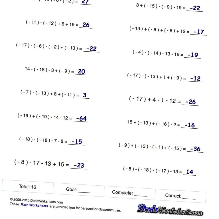 Adding And Subtracting Positive And Negative Numbers Worksheet Kuta