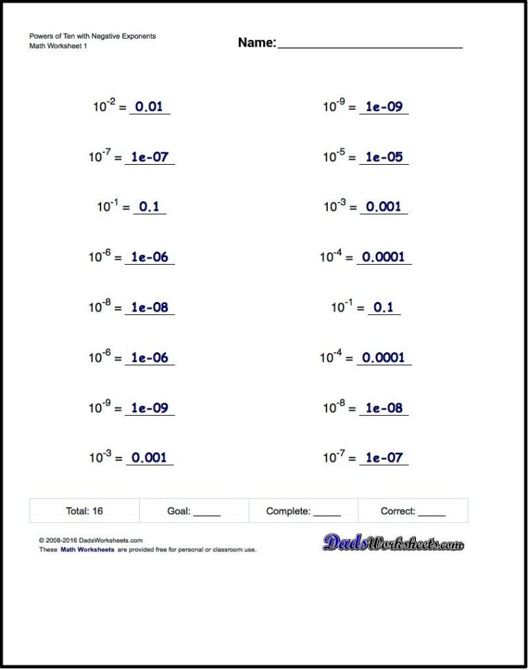 8th Grade Negative And Fractional Exponents Worksheet