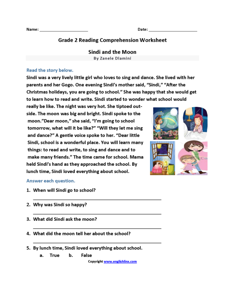 Reading Comprehension Free Printable Second Grade 2nd Grade Math Worksheets