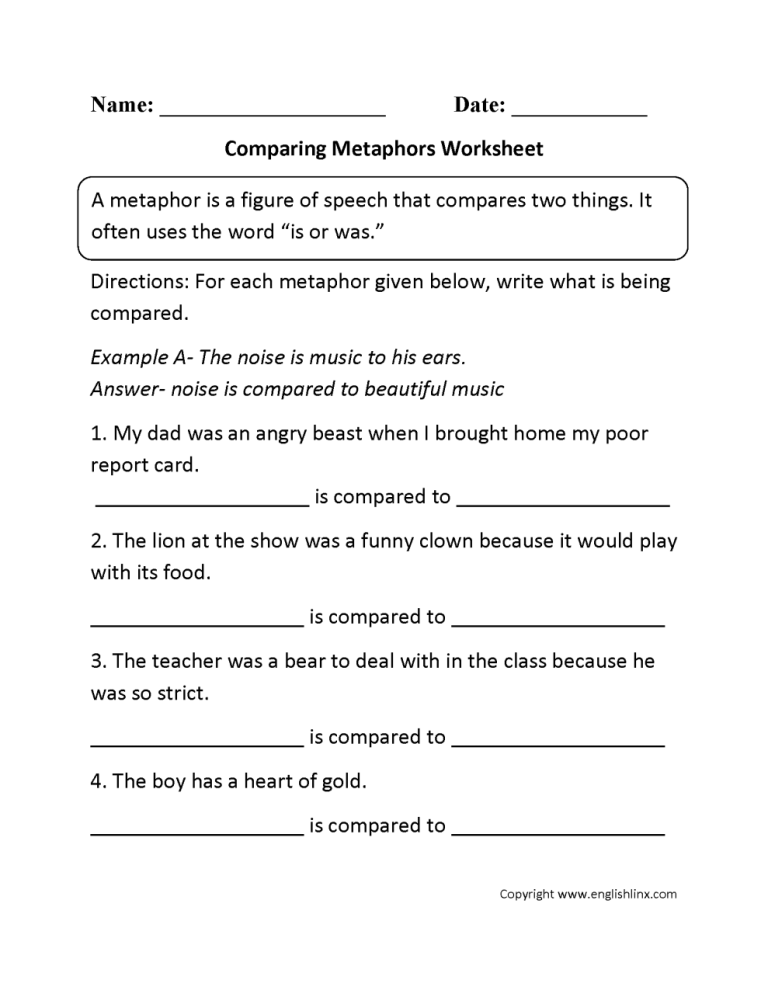 3rd Grade Metaphor Worksheets With Answers