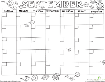 Kindergarten Calendar Worksheets September