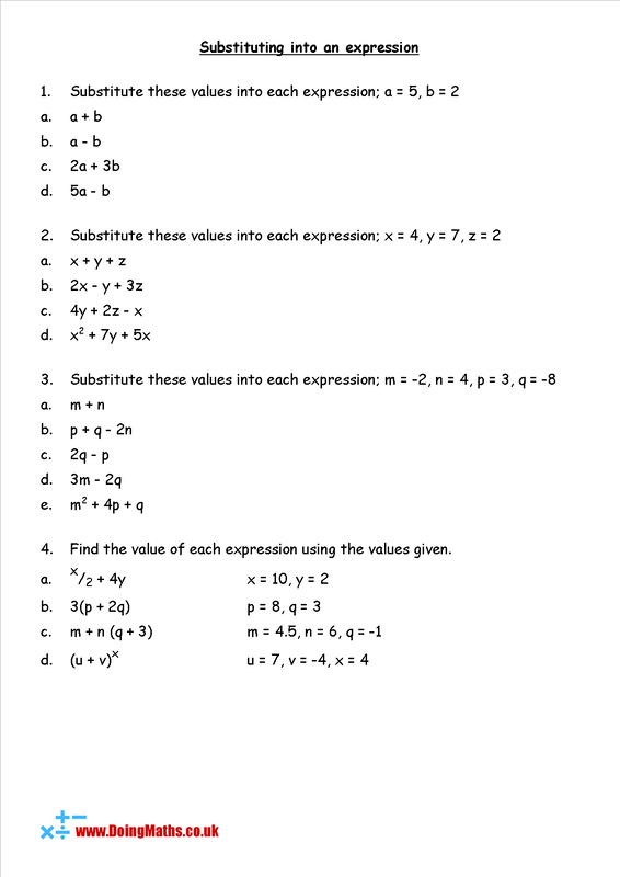 Year 7 Algebra Substitution Worksheet