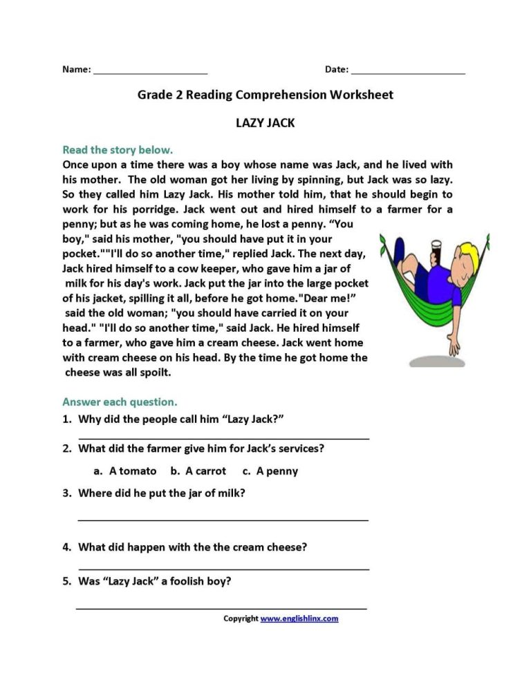 Free Printable English Comprehension Worksheets For Grade 2