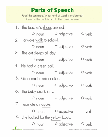 5th Grade Part Of Speech Worksheet With Answers