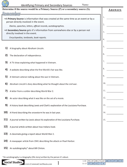 7th Grade Primary And Secondary Sources Worksheet With Answers