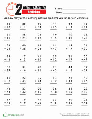 Free Minute Math Addition Worksheets