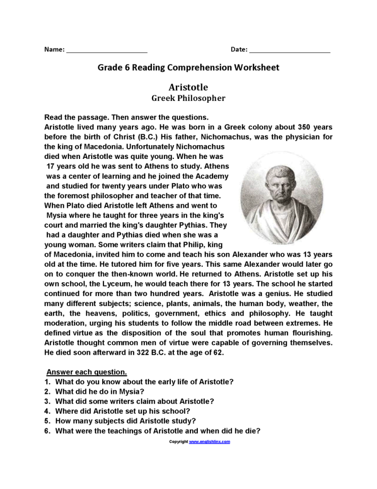 Free Printable English Comprehension Worksheets For Grade 6 With Answers