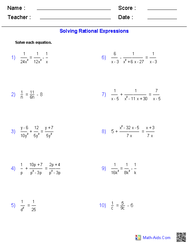 Adding And Subtracting Radicals Worksheet Answer Key Algebra 1