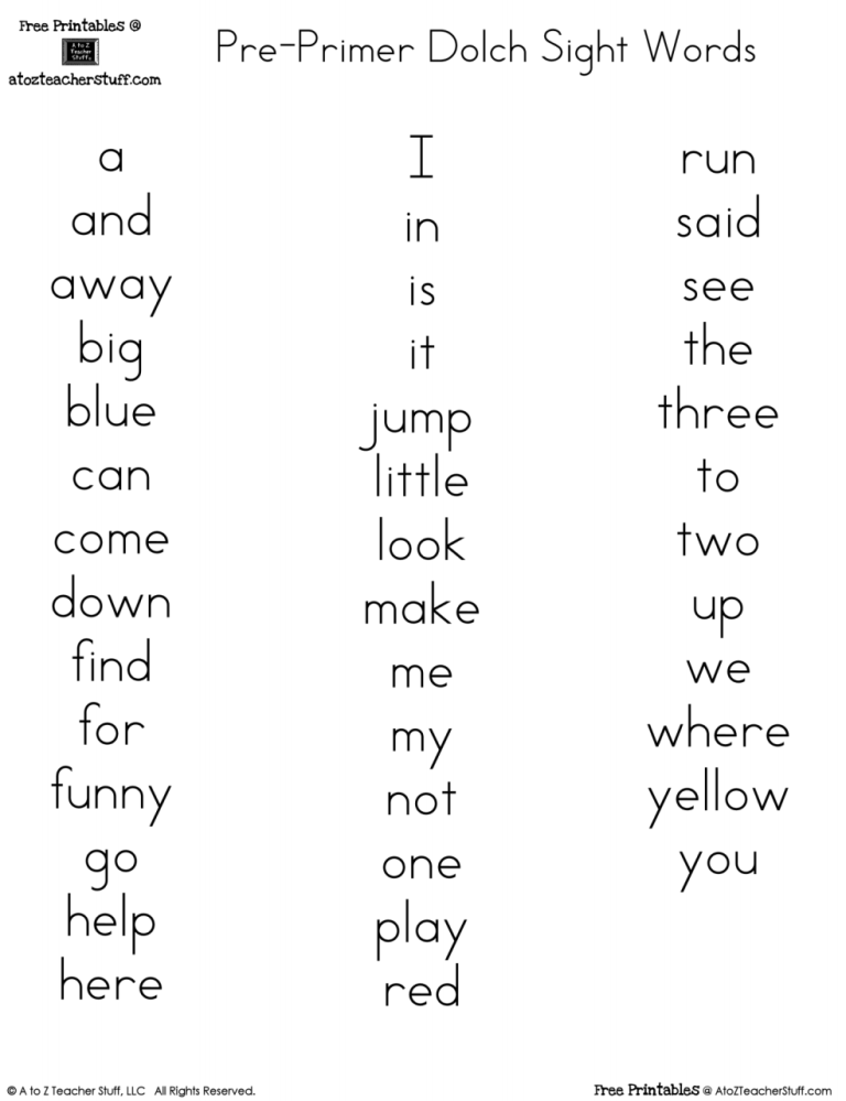 Free Printable Kindergarten Sight Words Printables