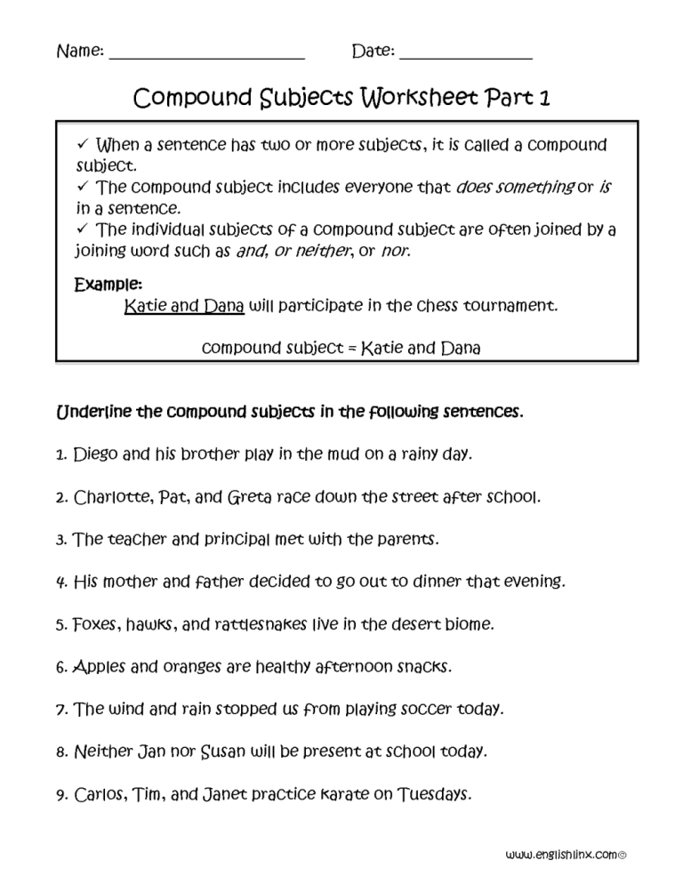6th Grade Subject Verb Object Worksheets