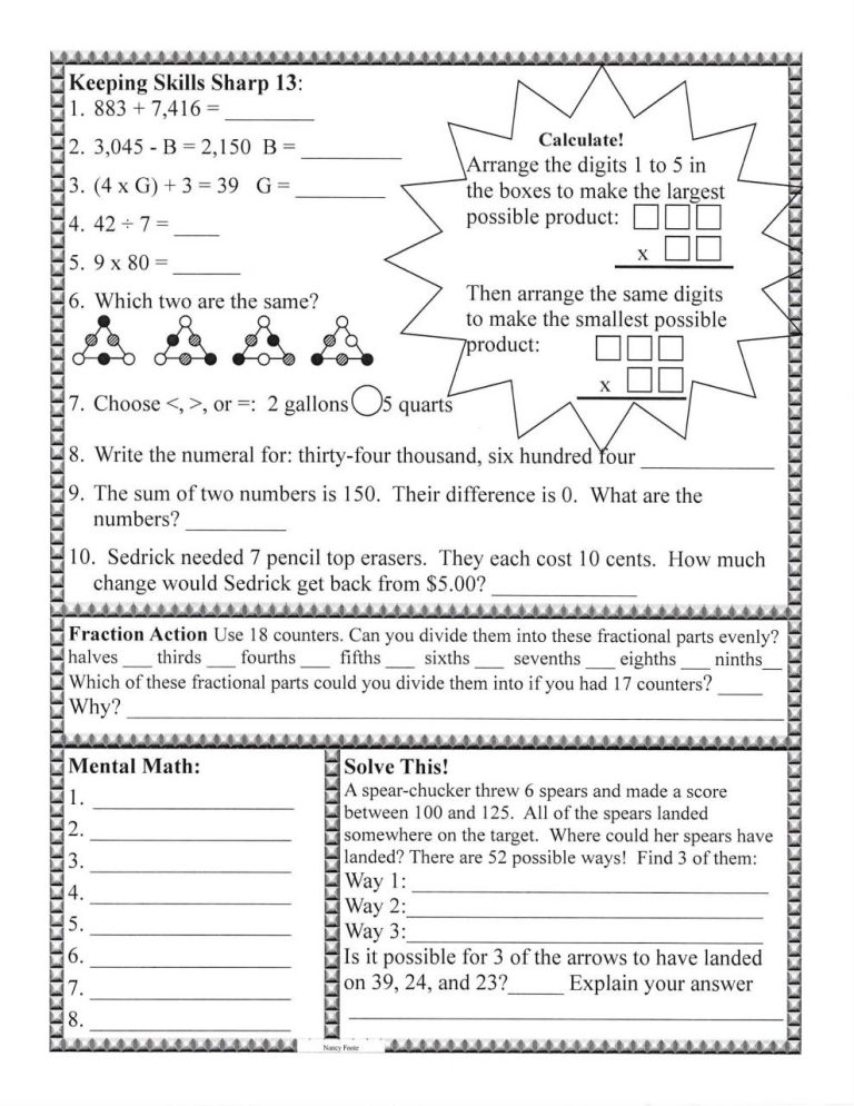 Homework Sheets For 4th Graders