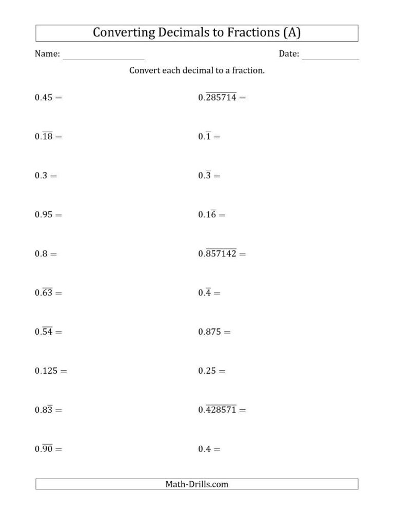 Converting Repeating Decimals To Fractions Worksheet Answer Key