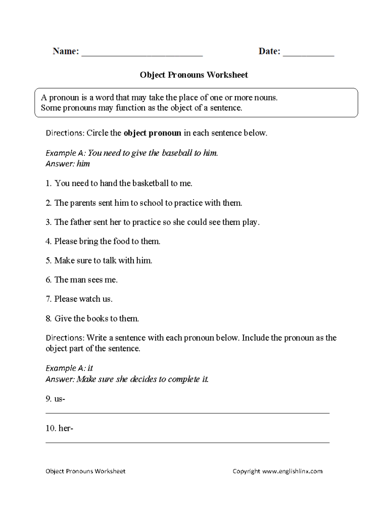 4th Grade Subject And Object Pronouns Worksheet
