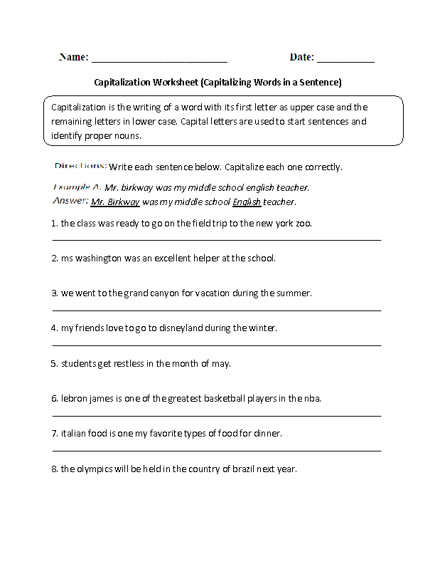Capitalizing Proper Nouns Worksheet 4th Grade