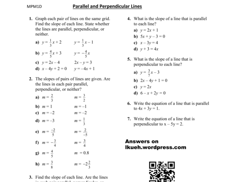 Writing Equations Of Parallel And Perpendicular Lines Worksheet Answers Kuta Software