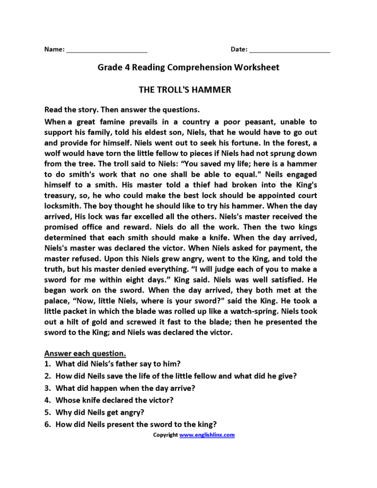 7th Grade Year 6 Reading Comprehension Worksheets Pdf