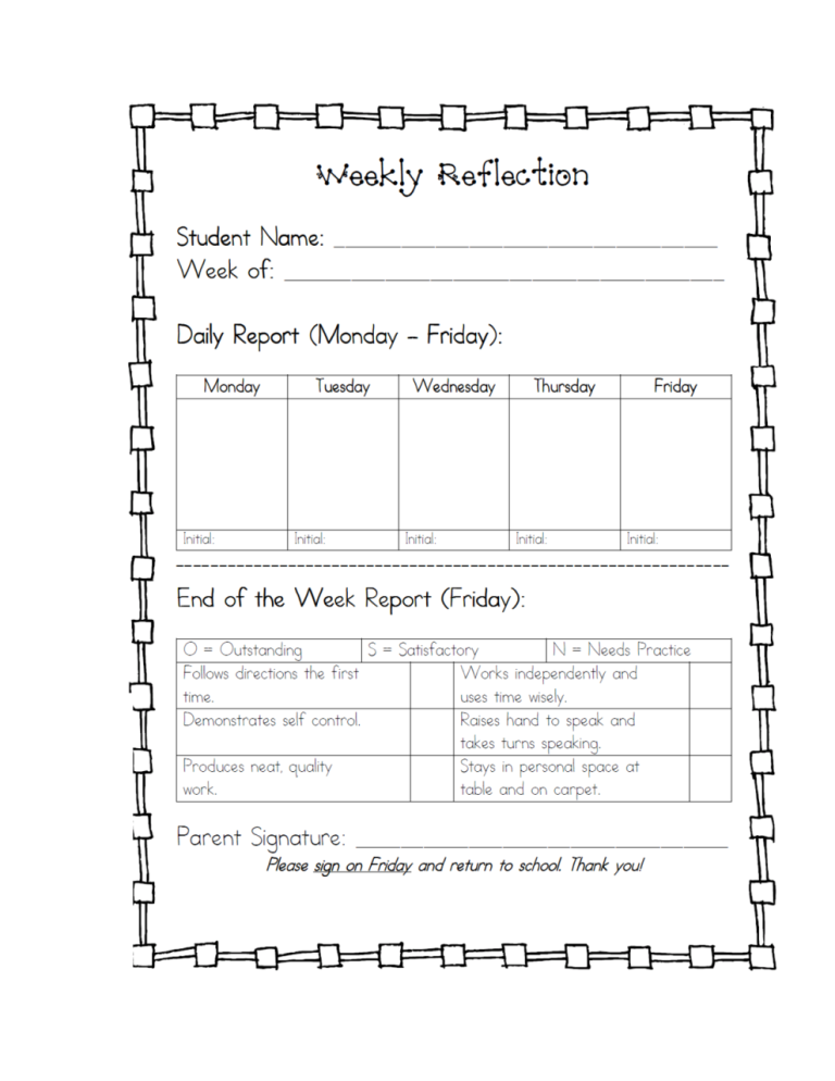 Self Reflection Sheets For Elementary Students