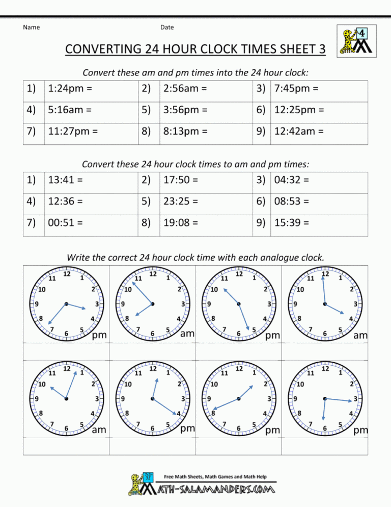 Grade 4 Printable Time Worksheets Grade 3