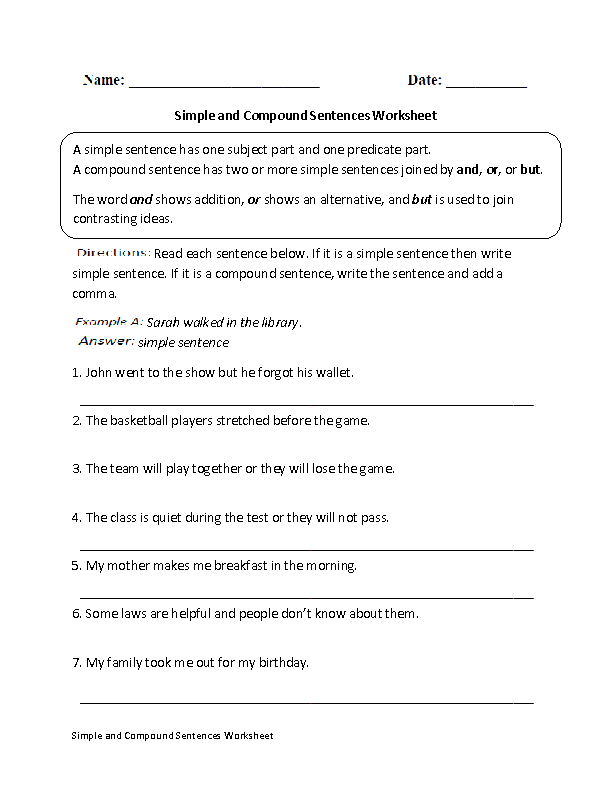 5th Grade Simple Compound And Complex Sentences Worksheet