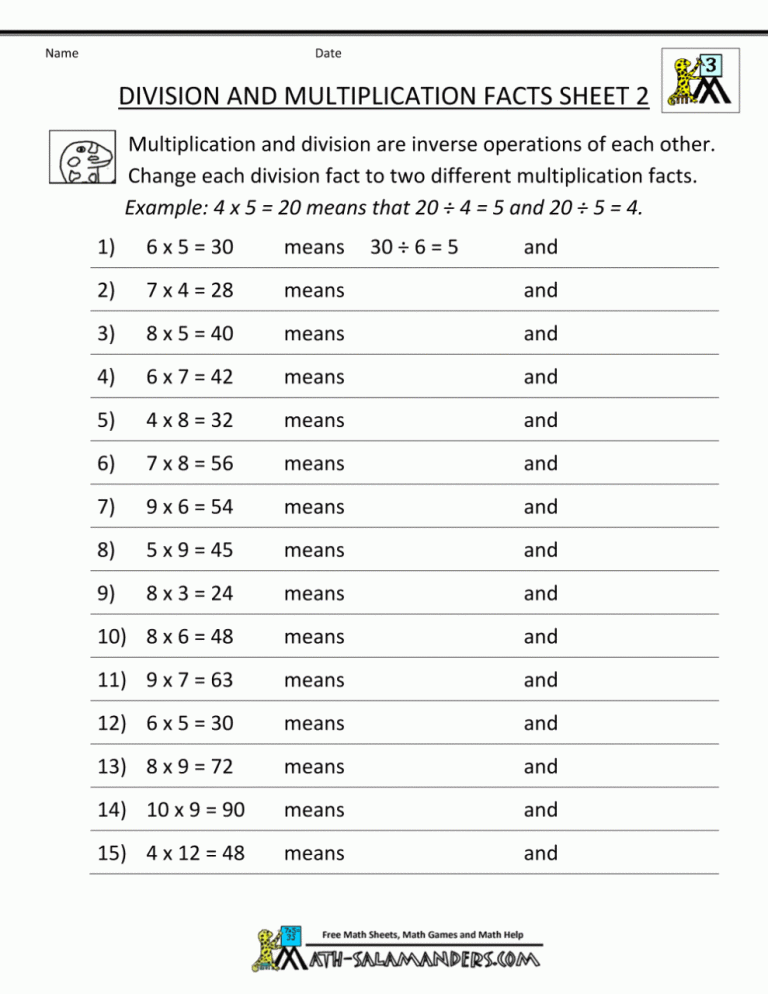 Third Grade Multiplication And Division Facts Worksheets