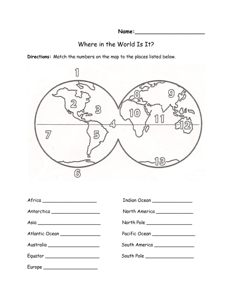 Printable Continents And Oceans Worksheet Quiz