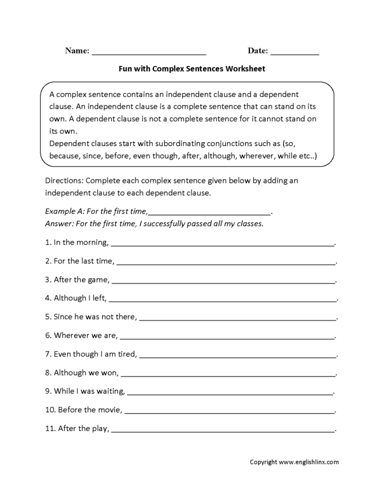 5th Grade Simple Compound And Complex Sentences Worksheet With Answer Key