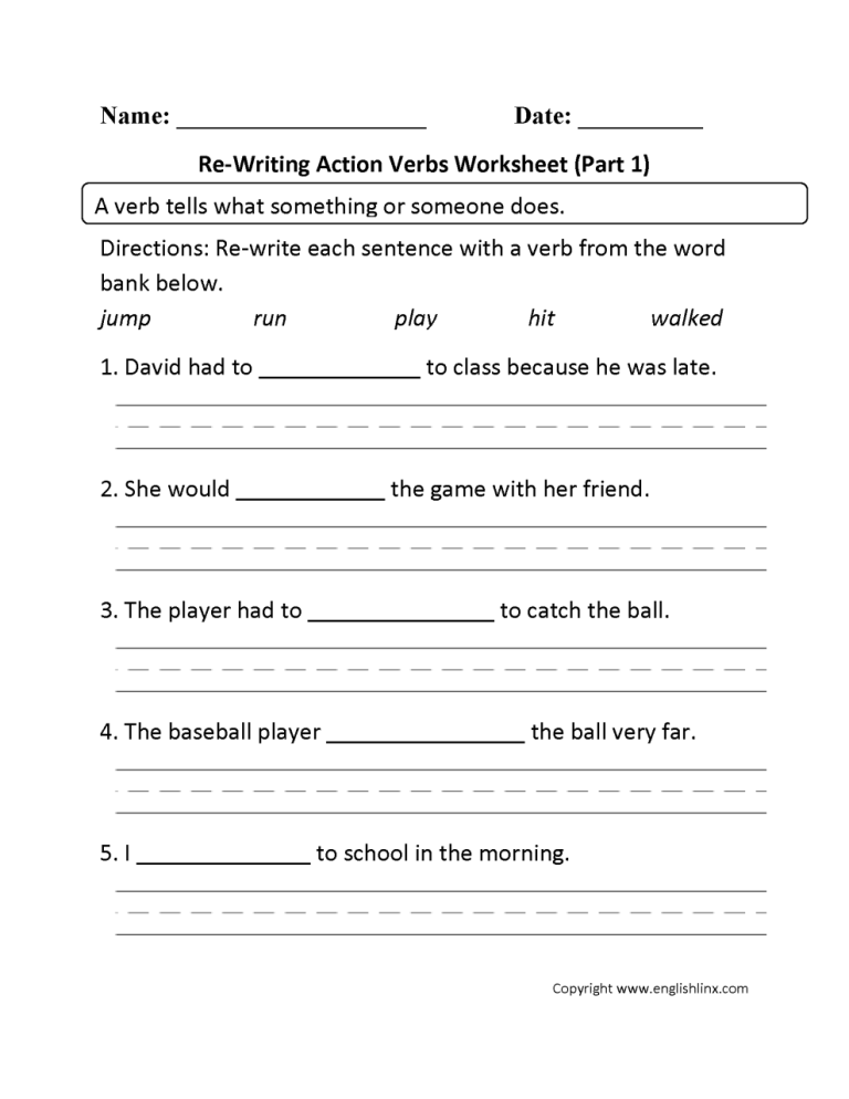 Printable Action Words Worksheet For Grade 2