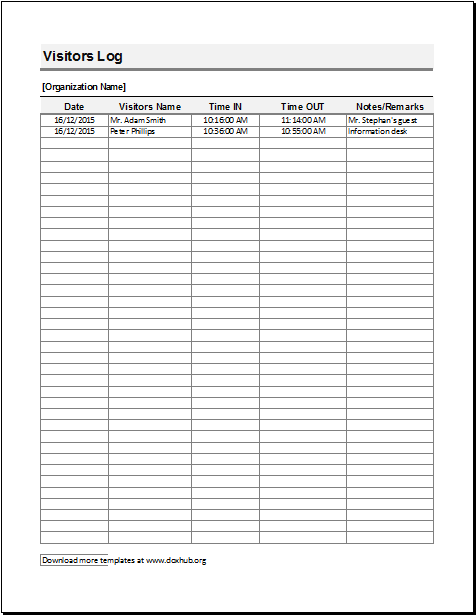 Printable Visitor Sign In Sheet Template Excel