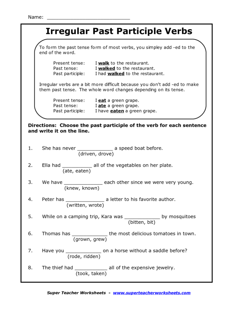 4th Grade Irregular Past Tense Verbs Worksheet Pdf