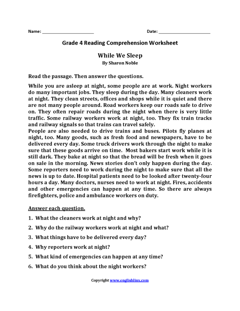 Fourth Grade Printable 4th Grade Comprehension Worksheets For Grade 4