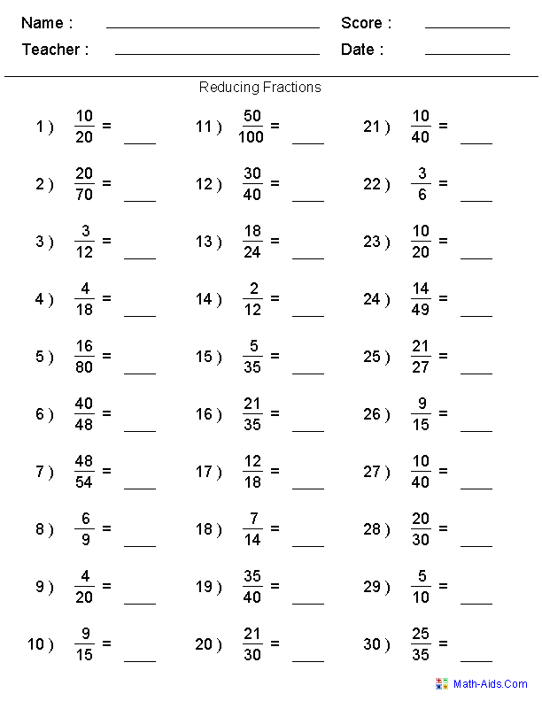 Math-aids.com Fractions Worksheets Answer Key